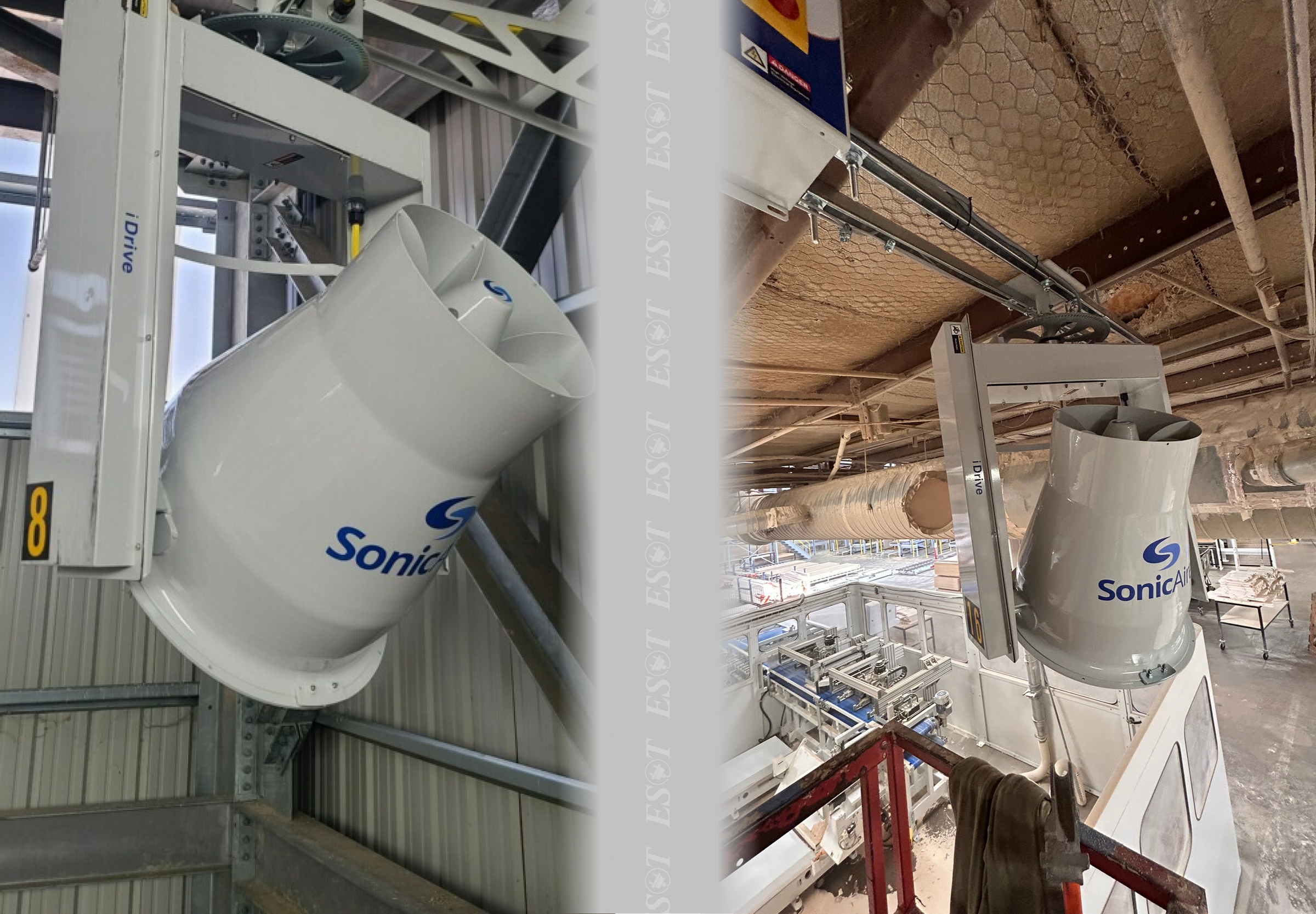 A high-powered industrial fan mounted on the ceiling, effectively controlling dust and debris in a warehouse setting.